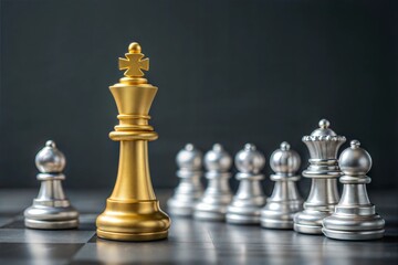 Golden chess king standing against silver chess pieces, representing leadership and strategic decision-making. (Business)