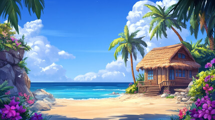 Beach party landing page with bungalow on background of sea. Vector banner of summer party on ocean shore with cartoon illustration of resort wooden house and palm trees