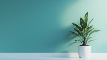 Fototapeta premium Green plant in white pot against teal wall with copy space