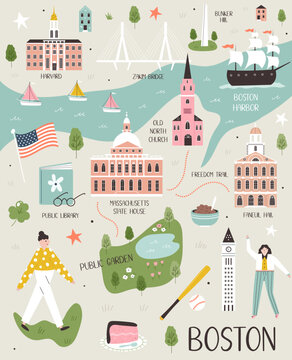 Illustrated map of Boston, Massachusetts, USA with landmarks and symbols.