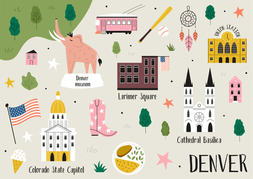 Illustrated map of Denver, Colorado, USA with landmarks and symbols.