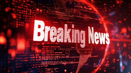 Breaking news sign displaying on digital world map with data flowing