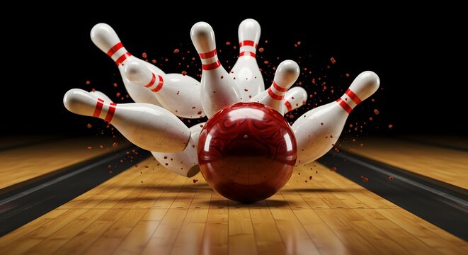 Dramatic bowling strike with scattered pins and a dynamic motion blur