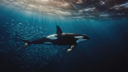 Majestic Orca Underwater: A Symphony of Sunbeams and Marine Life