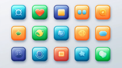 Glossy buttons for game or app menu interface, ui design elements set. Orange, green and blue shiny keys pause, settings, invite friends, ok, quit, bonus, start, buy, play, cancel, share Vector icons