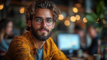 Obraz premium Portrait of a Handsome Young Man with Curly Hair and Glasses in a Coffee Shop