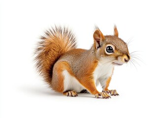 Fototapeta premium A playful squirrel with a bushy tail sits on a white background, showcasing its curious nature