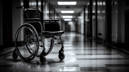 Solitude in a Long Hospital Corridor: A Black and White Photography of an Empty Wheelchair