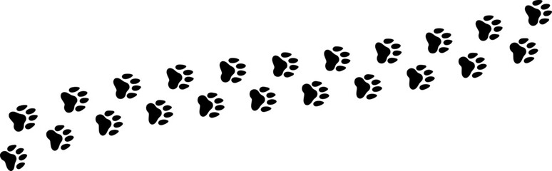 Paw vector foot trail print . Dog,cat,bear,wolf,chicken,cow, crocodile, donkey, duck, elephant and other silhouette animal. Paw print trail on transparent background. Vector illustration