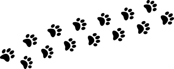 Paw vector foot trail print . Dog,cat,bear,wolf,chicken,cow, crocodile, donkey, duck, elephant and other silhouette animal. Paw print trail on transparent background. Vector illustration © Volodymyr