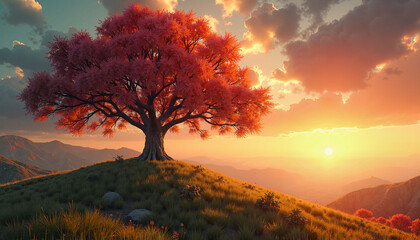  Vibrant pink tree on hilltop at sunset.
