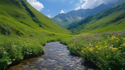 Serene mountain valley with vibrant meadows and crystal-clear river flowing through