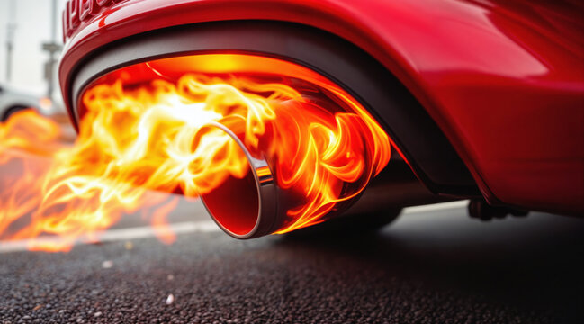 Orange flame bursts from red sportscar exhaust tailpipe. Performance vehicle backfire illustrates raw engine power, combustion engineering, horsepower capability. Thermal explosion through chromium