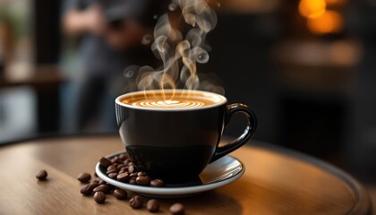 Hot cup of coffee with roasted beans on saucer
