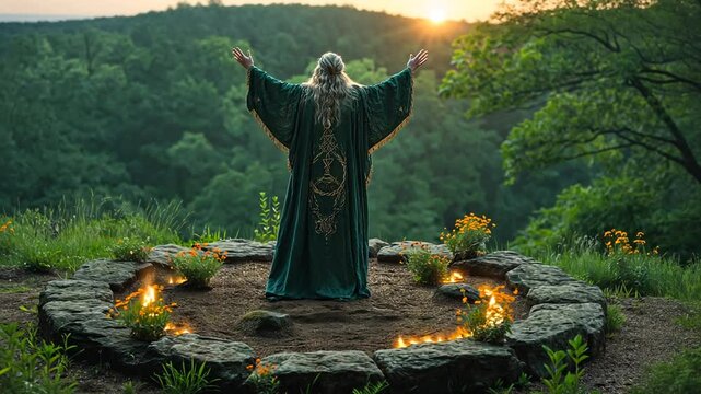 Mystischer Druide mit Umhang und Stab in ritueller Umgebung