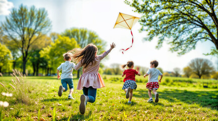 Fototapeta premium Children run with yellow kite across sunny spring meadow. Four kids enjoy outdoor recreation, freedom, and active play. Backview childhood joy amid vibrant greenery. Siblings experience carefree fun