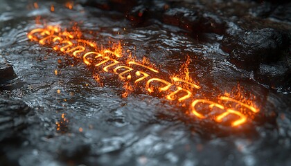 Fiery illuminated script flowing through liquid and dark stone