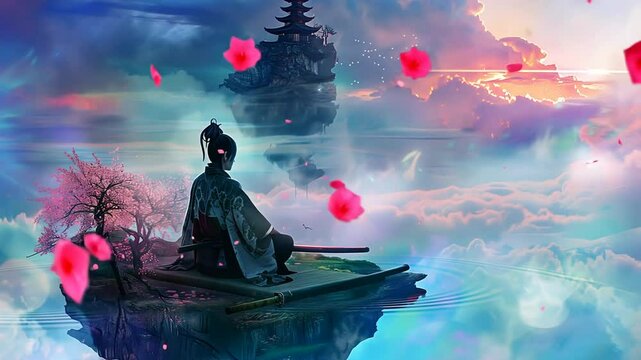 Buddhistischer M&ouml;nch meditiert in einer mystischen Landschaft