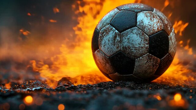 Brennender Fu&szlig;ball mit Funkenflug und dramatischem Lichteffekt