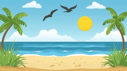 Idyllic Beach Scene Palm Trees Ocean Sunny Sky