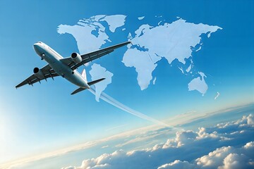 Airplane soaring through a clear blue sky, symbolizing travel and global connectivity. (Business)