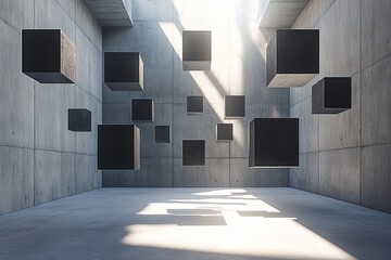 Empty concrete space with floating black cubes