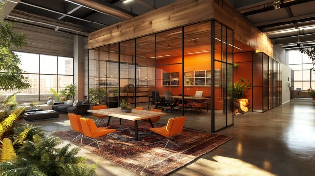 Modern open plan office interior design with lush green plants