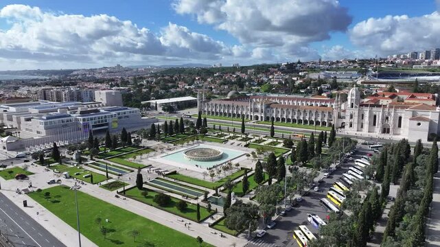 Jeronimos Monastery At Lisbon In District Of Lisbon Portugal. Medieval Building. Tourism Landmark. Jeronimos Monastery At Lisbon In Portugal. Empire Square. Monastery Landscape. Lisbon Skyline.