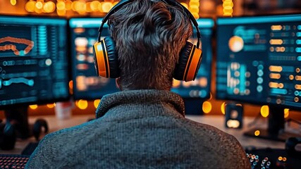 A computer specialist wearing headphones closely observing a cybersecurity dashboard filled with encrypted data. Concept of IT security and proactive measures against cyberattacks.