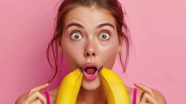 Young woman with banana against pink background