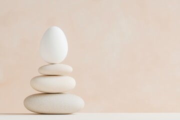 Delicate balance of white egg and smooth stones against a soft beige background, symbolizing harmony and tranquility in design
