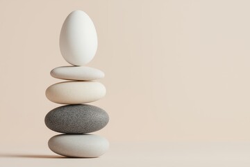 Balanced composition of smooth pebbles and a white egg symbolizing harmony, minimalism, and natural beauty on a soft neutral background