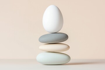 Balanced composition of stacked smooth stones with a white egg on top, showcasing minimalist design and serenity in soft neutral tones