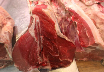 beef T-BONE steak for sale in the butcher shop