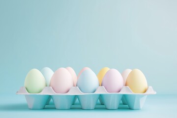 Pastel colored eggs in a modern carton against a soft blue background for spring celebrations and easter festivities