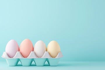 Fototapeta premium Pastel easter eggs in a carton against a soft blue background for spring celebrations and seasonal decor themes