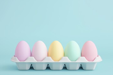 Pastel easter eggs in carton on soft blue background celebrate spring with colorful decorated eggs for festive celebrations