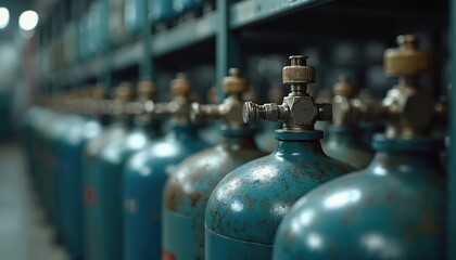 Compressed gas cylinders on shelves at factory plant. Industrial energy equipment heavy dangerous metal bottles for argon, oxygen, carbon dioxide storage, distribution, transportation. Pressure