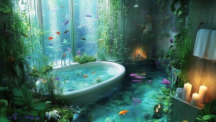 An underwater bathroom with an aquarium, a white bathtub, and candles, surrounded by lush greenery.