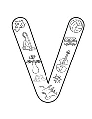 Vibrant Letter V Coloring Page – Volcano, Van & Vegetable Art for Bulletin Boards & Science Lessons