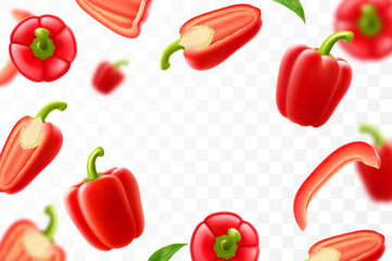 Falling bell pepper isolated on transparent background. Сhopped pieces of red Bulgarian pepper flying, selective focus. Can be used for advertising, packaging, banner print. Realistic 3d vector design