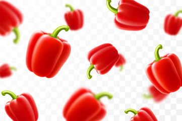 Falling bell pepper isolated on transparent background. Сhopped pieces of red Bulgarian pepper flying, selective focus. Can be used for advertising, packaging, banner print. Realistic 3d vector design
