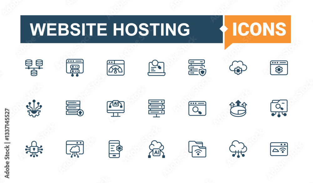 Poster website hosting icon set. includes symbols for storage, hosting, data, database, cloud computing, se
