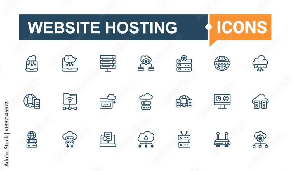 Poster website hosting icon set. includes symbols for storage, hosting, data, database, cloud computing, se