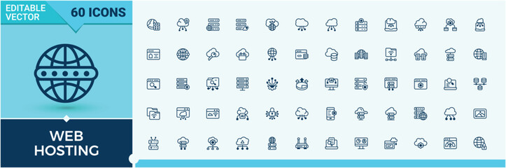 Web Hosting icon. Included cloud computing, web, storage, domain, internet, database and more. Modern vector illustration. Hosting icon set. Vector line and solid icons.