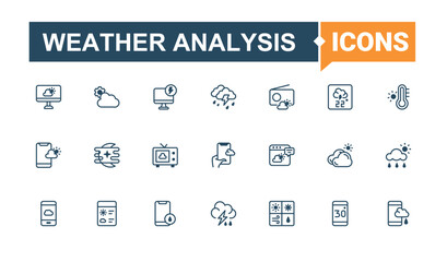 Weather Analysis icon set in linear style. Contains such icon as sun, nature, cloud, thunder, forecast and more. Weather Forecast icon set. Web icons. Vector line and solid icons.