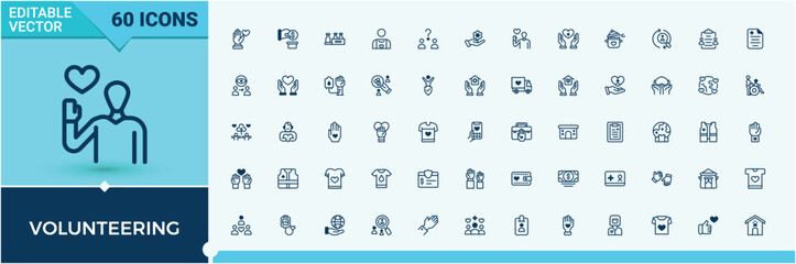 Volunteering vector icon set. Includes thin line unity, charity, support, donation, giving, assist, humanitarian and more. Expanded stroke. Volunteer linear icon. Vector line and solid icons.