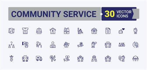 Community Service icon. Included assist, charity, help, unity, giving and more. Volunteering icon set. Isolated icons. Vector line and solid icons.