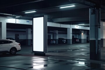 Blank led screen pillar mockup at parking lot transportation automobile basement.