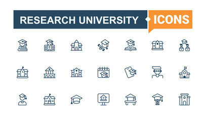 Research University icon. Included academic, learn, knowledge, diploma, learning, education and more. University line icon. Minimalist editable vector stroke.